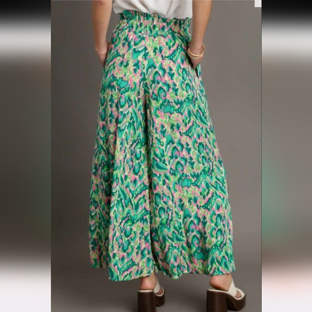 Umgee Pink Green Mixed Print High Waist Wide Leg Pants - Size: L NWT - Picture 4 of 4